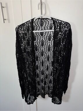 Black Openwork Knit Women's Cardigan
